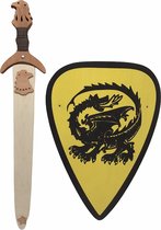 houtenzwaard met schede adelaar en ridderschild geel met draak kinderzwaard houten ridder zwaard schild