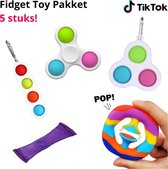 Fidget Toy Pakket - Sleutelhanger Pop It – 5 stuks! - Simple Dimple Triple  (Roze Blauw Groen) + Simple Dimple Spinner (Roze Blauw Groen)  + Simple Dimple 4 Kleuren + Snapperz Pop it Regenboo