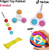 Fidget Toy Pakket - Sleutelhanger Pop It – 5 stuks! - Simple Dimple Triple (Roze Blauw Oranje) + Simple Dimple Spinner  (Roze Blauw Oranje) + Simple Dimple 4 Kleuren + Snapperz Pop it Regenbo
