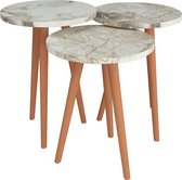 Pochon Home - Bijzettafel Set van 3 - Rond - Crème/Marmer - Bijzettafels - Salontafels Rond - Salontafel Marmer - Salontafel Hout -