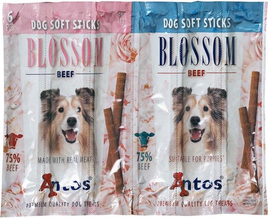 Twee verpakkingen Antos Blossom Dog Soft Sticks, rundvlees, met afbeeldingen van honden en bloemen.