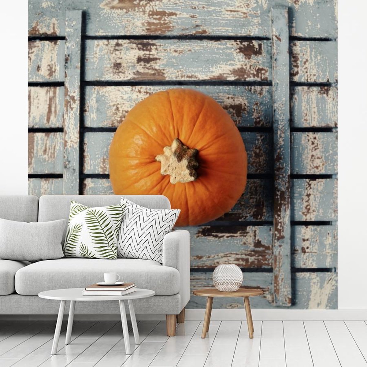 Behang Fotobehang Pompoen op blauw hout Breedte 350 cm