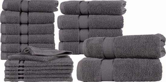 Homéé 18 delige handdoekenset Ruche 2 badlakens 4 handdoeken 6 gastendoekjes 6 washandjes antraciet gekamde katoen 550g. m²
