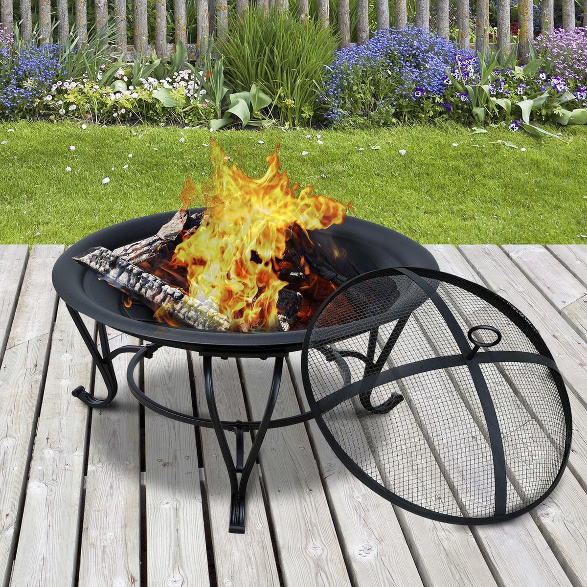 COSTWAY Vuurschaal, vuurplaats met grillrooster, diameter 81 cm, vuurkorf met vonkbescherming, vuurschaal voor de tuin, incl. pookhaak, voor BBQ, picknicks en kampvuur