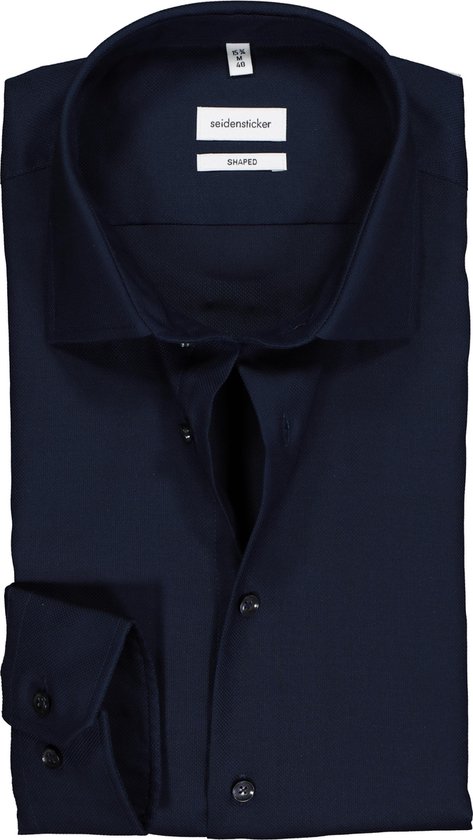 Seidensticker shaped fit overhemd - donkerblauw structuur - Strijkvrij - Boordmaat: 37