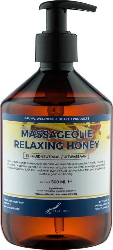 Massageolie Relaxing Honey 500 ml met pomp - 100% natuurlijk - biologisch en koud geperst