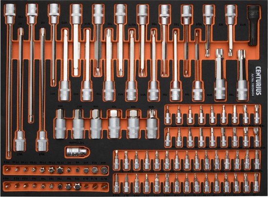 Een 102-delige Centurius dopsleutelset met diverse doppen en bits, georganiseerd in een zwarte en oranje softmodule.