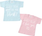 T-shirt set tweeling-Baby Pink what do you think-wit-grijs-Maat 98