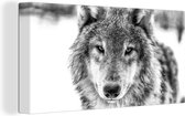 Canvas schilderij 160x80 cm - Wanddecoratie Wolf in de winter in zwart-wit - Muurdecoratie woonkamer - Slaapkamer decoratie - Kamer accessoires - Schilderijen