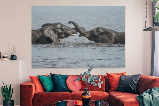 Deux éléphants lavés dans la rivière sur toile 2cm 180x120 cm - Tirage photo sur toile (Décoration murale salon / chambre) / Animaux sauvages Peintures sur toile XXL / Groot format!