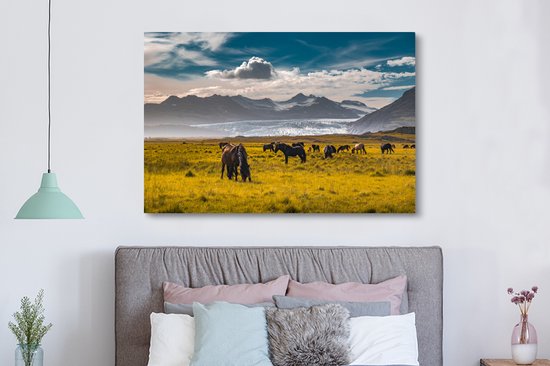 Chevaux islandais dans une pelouse toile 2cm 180x120 cm - Tirage photo sur toile (Décoration murale salon / chambre) / Animaux sauvages Peintures sur toile XXL / Groot format!