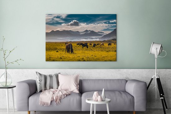 Chevaux islandais dans une pelouse toile 2cm 180x120 cm - Tirage photo sur toile (Décoration murale salon / chambre) / Animaux sauvages Peintures sur toile XXL / Groot format!