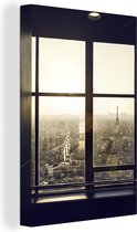 Canvas Schilderij Uitzicht op de Eiffeltoren en Parijs - 60x90 cm - Wanddecoratie