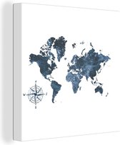 Canvas Wereldkaart - 50x50 - Wanddecoratie Wereldkaart - Blauw - Kompas