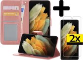 Samsung S21 Ultra Hoesje Book Case Met 2x Screenprotector - Samsung Galaxy S21 Ultra Case Wallet Cover - Samsung S21 Ultra Hoesje Met 2x Screenprotector - Rosé Goud