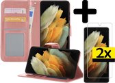 Hoesje Geschikt voor Samsung S21 Ultra Hoesje Book Case Hoes Wallet Cover Met 2x Screenprotector - Hoes Geschikt voor Samsung Galaxy S21 Ultra Hoesje Bookcase Hoes - Rosé goud