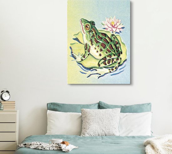 Illustration colorée d'une grenouille sur un lys 120x160 cm - Tirage photo sur toile (Décoration murale salon / chambre) XXL / Groot format!