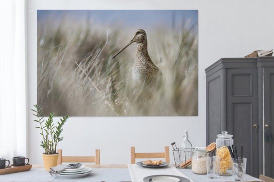 Canvas schilderij 180x120 cm - Wanddecoratie Een watersnip tussen het hoge riet - Muurdecoratie woonkamer - Slaapkamer decoratie - Kamer accessoires - Schilderijen