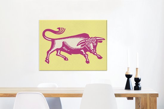 Une illustration d'une toile de taureau rose 80x60 cm - Tirage photo sur toile (Décoration murale salon / chambre) / Peintures sur toile Animaux de la ferme