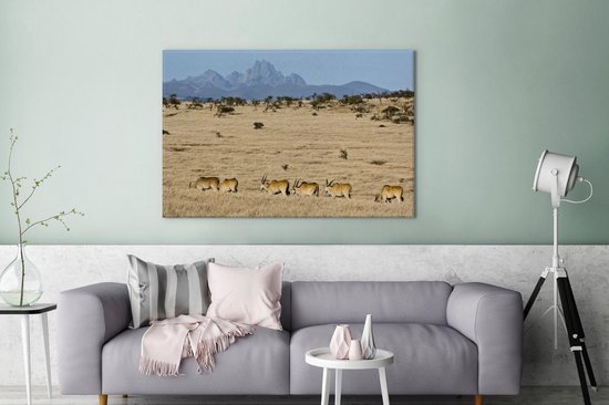 Mount Kenya met kudde elanden op de voorgrond in Afrika Canvas 180x120 cm - Foto print op Canvas schilderij (Wanddecoratie woonkamer / slaapkamer) XXL / Groot formaat!