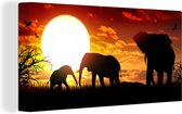 Canvas schilderij 160x80 cm - Wanddecoratie Een illustratie van olifanten bij een zonsondergang - Muurdecoratie woonkamer - Slaapkamer decoratie - Kamer accessoires - Schilderijen