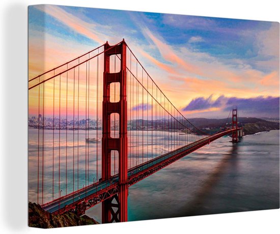 Canvas Schilderij Kleurrijke zonsondergang boven de Golden Gate Bridge in San Francisco - 140x90 cm - Wanddecoratie