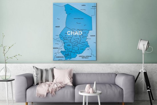 Une illustration d'une carte bleue du Tchad sur toile 120x160 cm - Tirage photo sur toile (Décoration murale salon / chambre) XXL / Groot format!