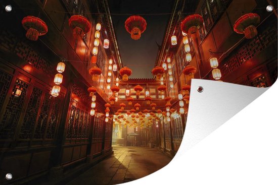 Chinese straat met lampionnen Tuinposter 60x40 cm - Foto op Tuinposter (tuin decoratie)