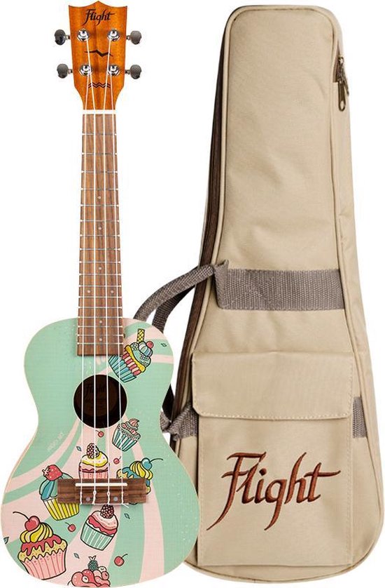 Lichtgroene ukulele met cupcake-print, naast een beige tas met 'Flight' logo.