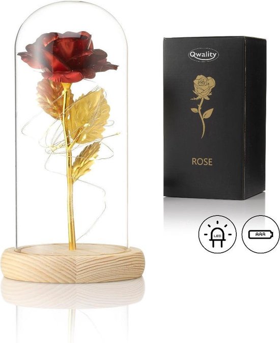 Luxe Roos in Glas met LED – Gouden Roos in Glazen Stolp – Bekend van Beauty and the Beast - Cadeau voor vriendin moeder haar - Lichte Voet - Qwality