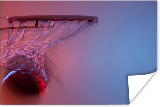 Poster Wazig zicht op een basketbal die door de basket gaat - 30x20 cm