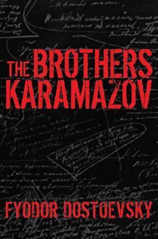 Boekomslag van "The Brothers Karamazov" van Fyodor Dostojevsky met rode tekst op een zwarte achtergrond.