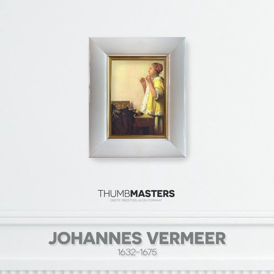 Vrouw met Parelsnoer - detail - Witte lijst met gouden kader - 21x26cm | Thumbmasters | Klein meesterwerk van Johannes Vermeer