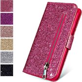 iPhone SE 2020 / 7 / 8 Glitter Bookcase met rits - hoesje - portemonneehoesje - Roze