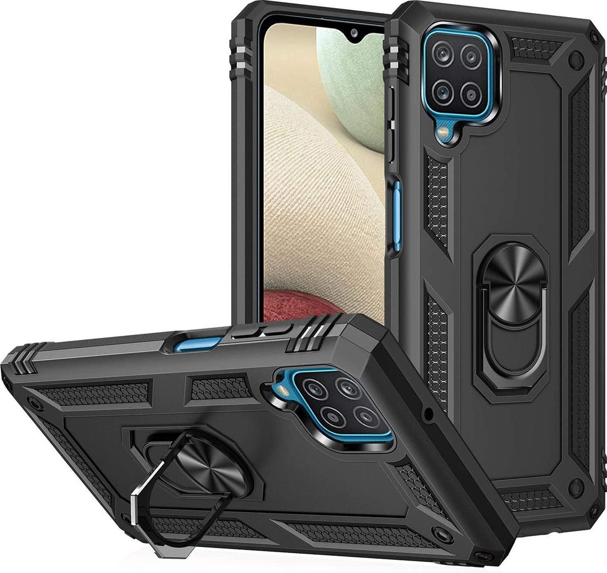 Anti-Shock Hybrid Ring Armor Hoesje Geschikt voor: Samsung Galaxy A12 - zwart