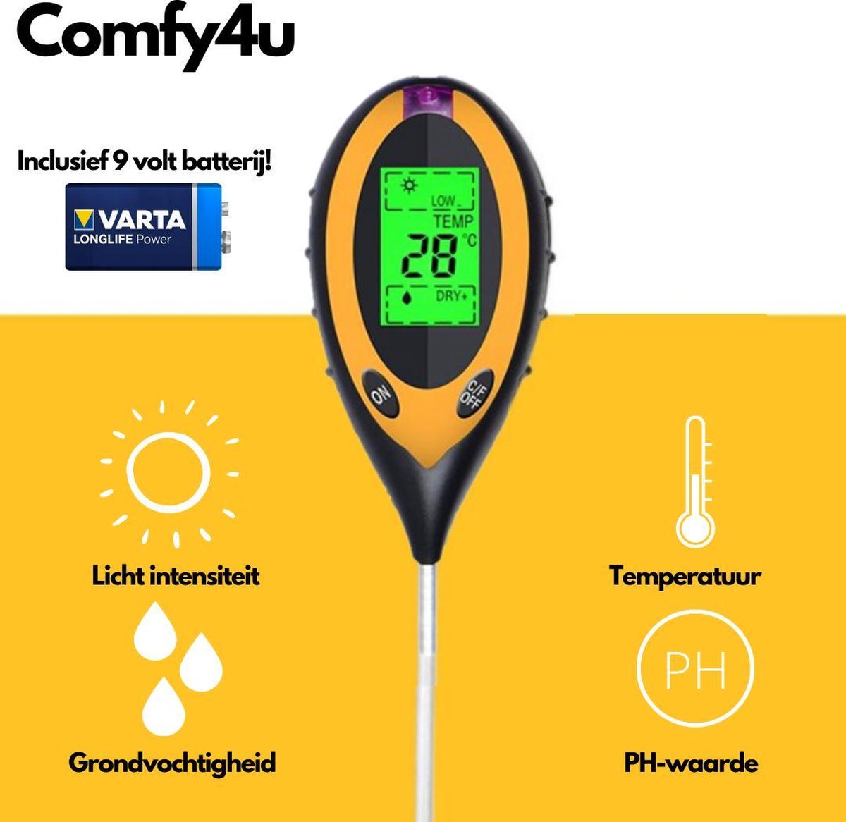 4-in-1 grondmeter, grondmeter, vochtmeter met licht/PH/temperatuur, plantenthermometertest, vochtmeter, licht voor tuinieren, landbouw, boerderij en gazon
