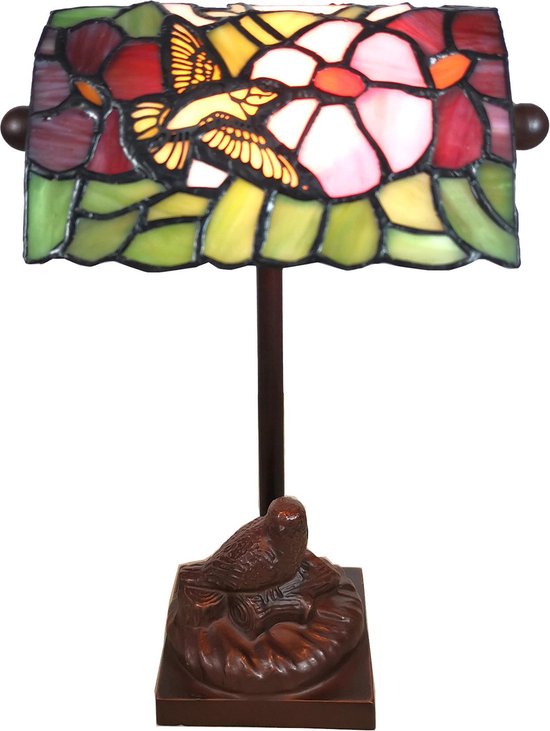 LumiLamp Tiffany Tafellamp 15x15x33 cm Groen Roze Glas Vogel Tiffany Bureaulamp