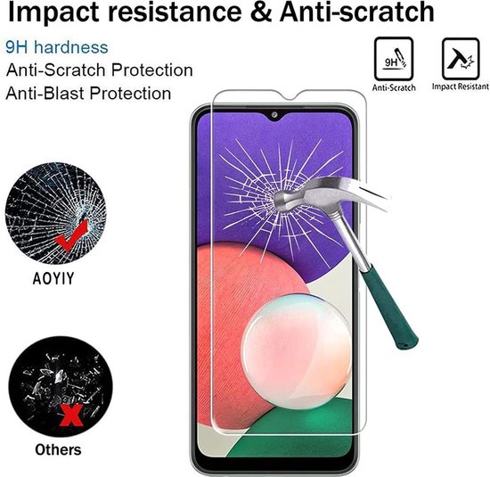 Schermprotector van gehard glas op een telefoon met gebarsten scherm, weergegeven met een hamer. "9H hardheid, Anti-kras, Anti-burst bescherming".