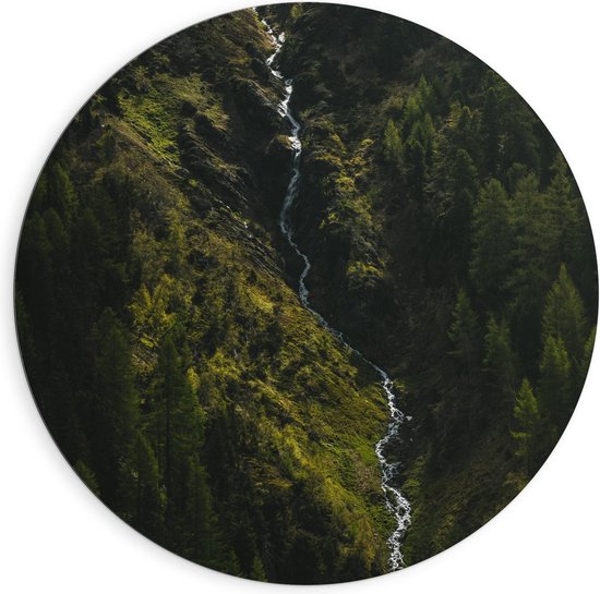 Dibond Wandcirkel - Rivier tussen Bergen - 90x90cm Foto op Aluminium Wandcirkel (met ophangsysteem)