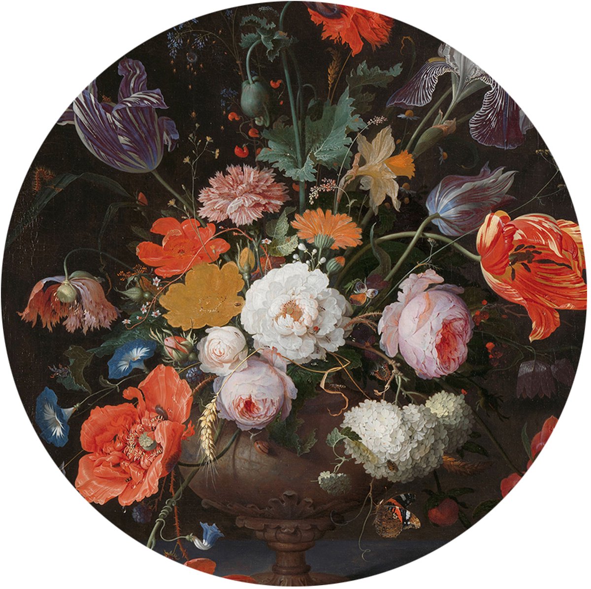 Stilleven met bloemen en een horloge, Abraham Mignon - Foto op Behangcirkel - ⌀ 40 cm