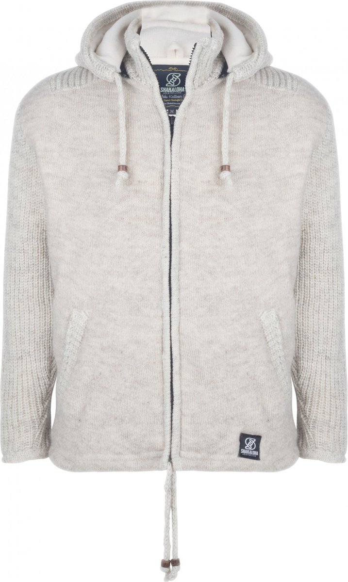 Gebreid Wollen Heren/Uni Vest van Schapenwol met Polyester Fleece voering en afneembare capuchon SHAKALOHA Finn Beige