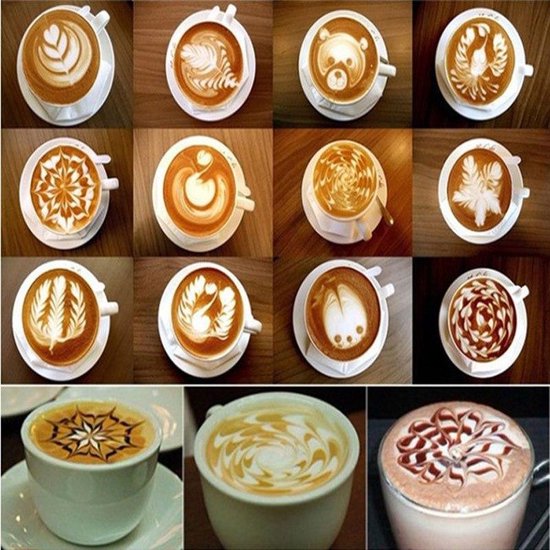 Twaalf afbeeldingen van koffies met latte art patronen zoals bloemen, een beer en vogels, en drie close-ups van koffie met patronen.