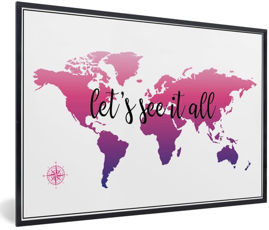 Photo encadrée - Carte du monde rose avec texte et boussole cadre photo noir 60x40 cm - Affiche encadrée (Décoration murale salon / chambre)