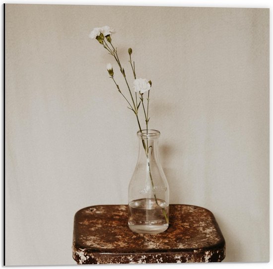 Dibond - Witte Bloemen In Vaas op Krukje - 50x50cm Foto op Aluminium (Wanddecoratie van metaal)