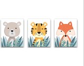 Peinture sur toile Set 3 Tiger Fox Ours dans les hautes herbes - Enfants Chambre - Peinture Animaux - Peinture Chambre de bébé / Kinder - Babyshower cadeaux - Décoration Décoration murale - 30x20cm - FramedCity