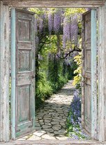 SCHUTTINGPOSTER - Tuindoek doorkijk openslaande deuren met blauwe regen - 90x65 cm - tuin decoratie - tuinposter - tuinposters buiten - tuinschilderij