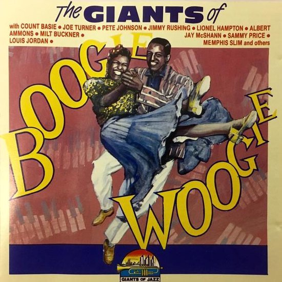 Een man en vrouw dansen op de albumhoes 'The Giants of Boogie Woogie'. De man draagt een geblokt shirt, de vrouw een gele jurk.