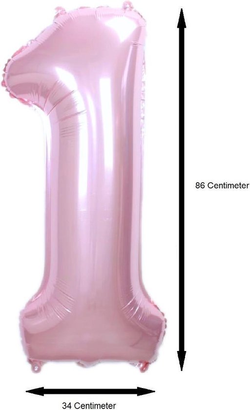 Roze cijfer 1 ballon, 86 cm hoog en 34 cm breed.