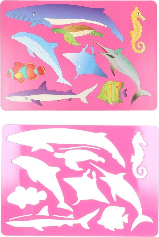 Twee roze sjablonen met oceaan dieren. Eén met gekleurde afbeeldingen, één met witte silhouetten.