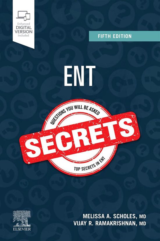 Couverture du livre "ENT Secrets", cinquième édition, avec le titre en gros caractères et un sceau rouge indiquant "Secrets". Fond avec des points d'interrogation.